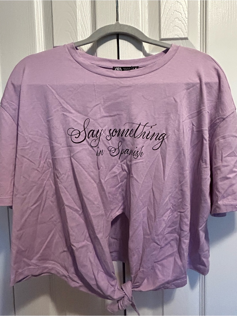 Zara Lilac Tie-Front Crop Top with Script Print